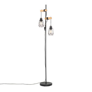 Country floor lamp black with wood 2-lights with shade - Dami Frame