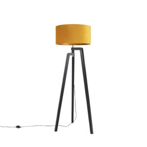 Floor lamp tripod black with yellow shade and gold 50 cm - Puros