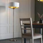 Hixson 3 Light Natural Fabric Floor Lamp In Antique Brass